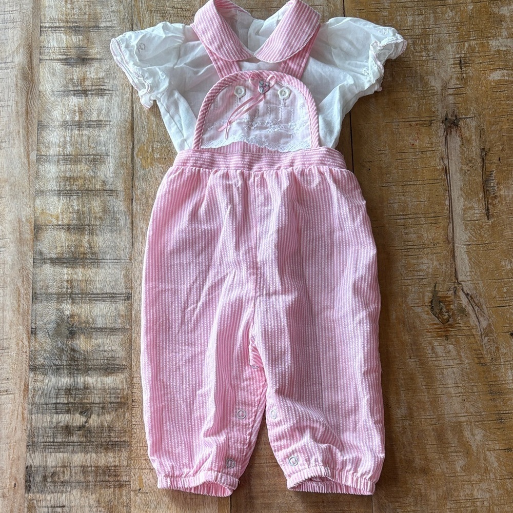 Vintage Healthtex Pink Striped Overalls and top 6m
